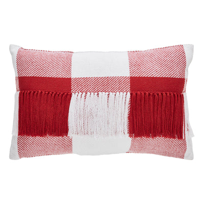 Red Check Fringed Pillow 14 x 22