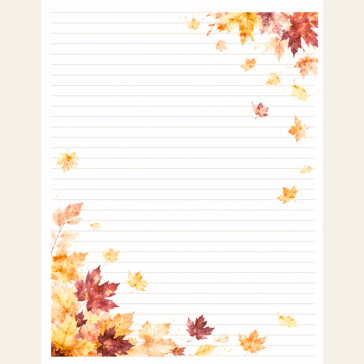 A lined writing paper sheet with a watercolor autumn leaf border in orange, yellow, and red, shown on a light beige background.