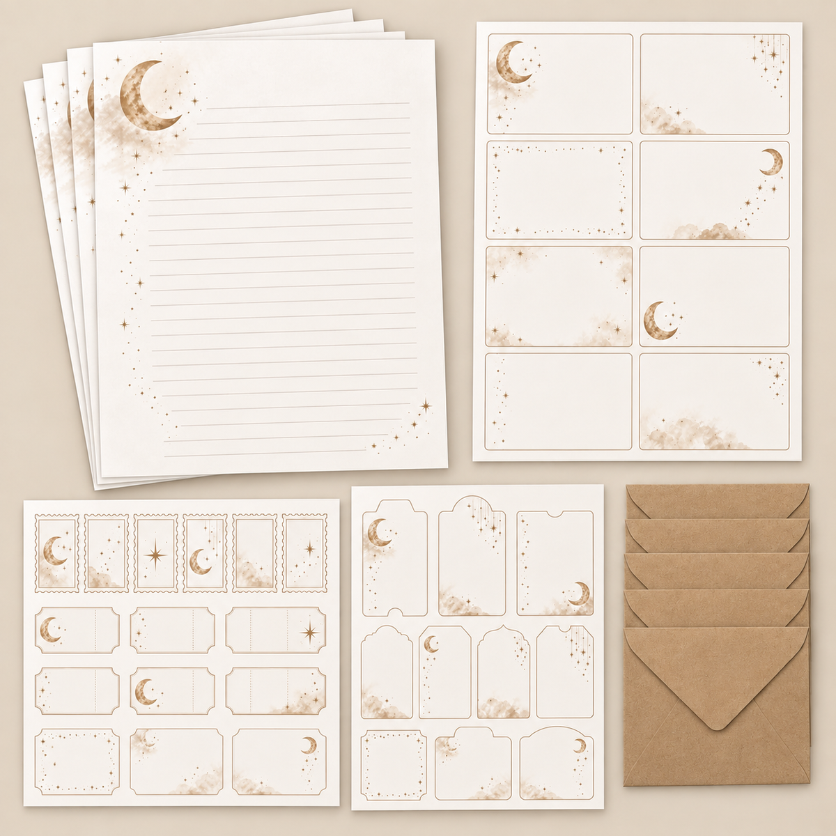 Moonlit Pages stationery with Paper Bits and five 5 x 7 kraft envelopes