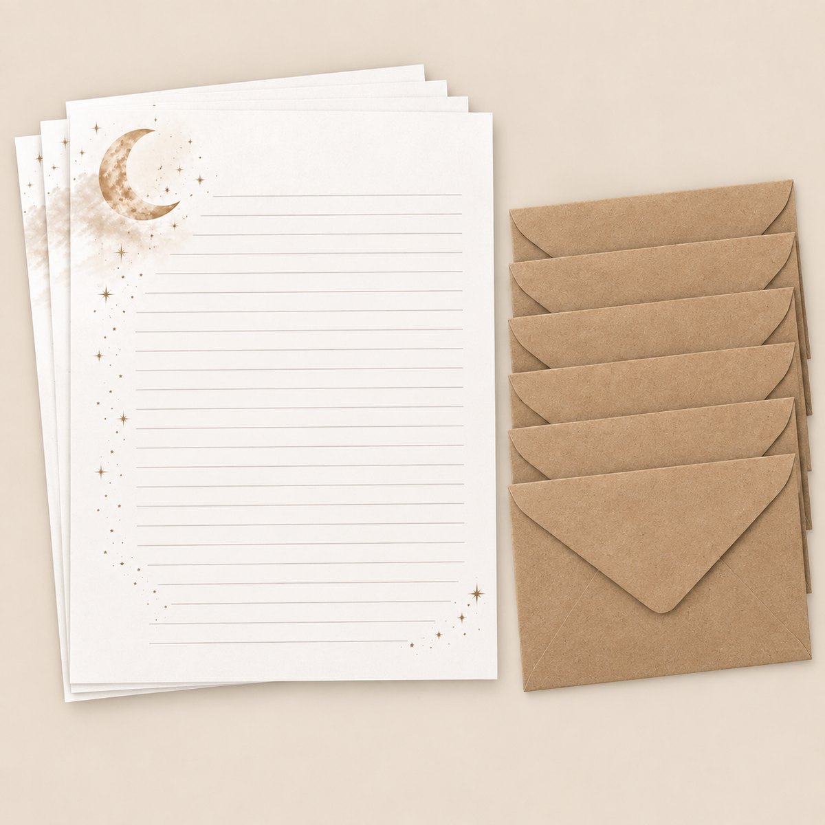 Moonlit Pages stationery set with five 5 x 7 kraft envelopes