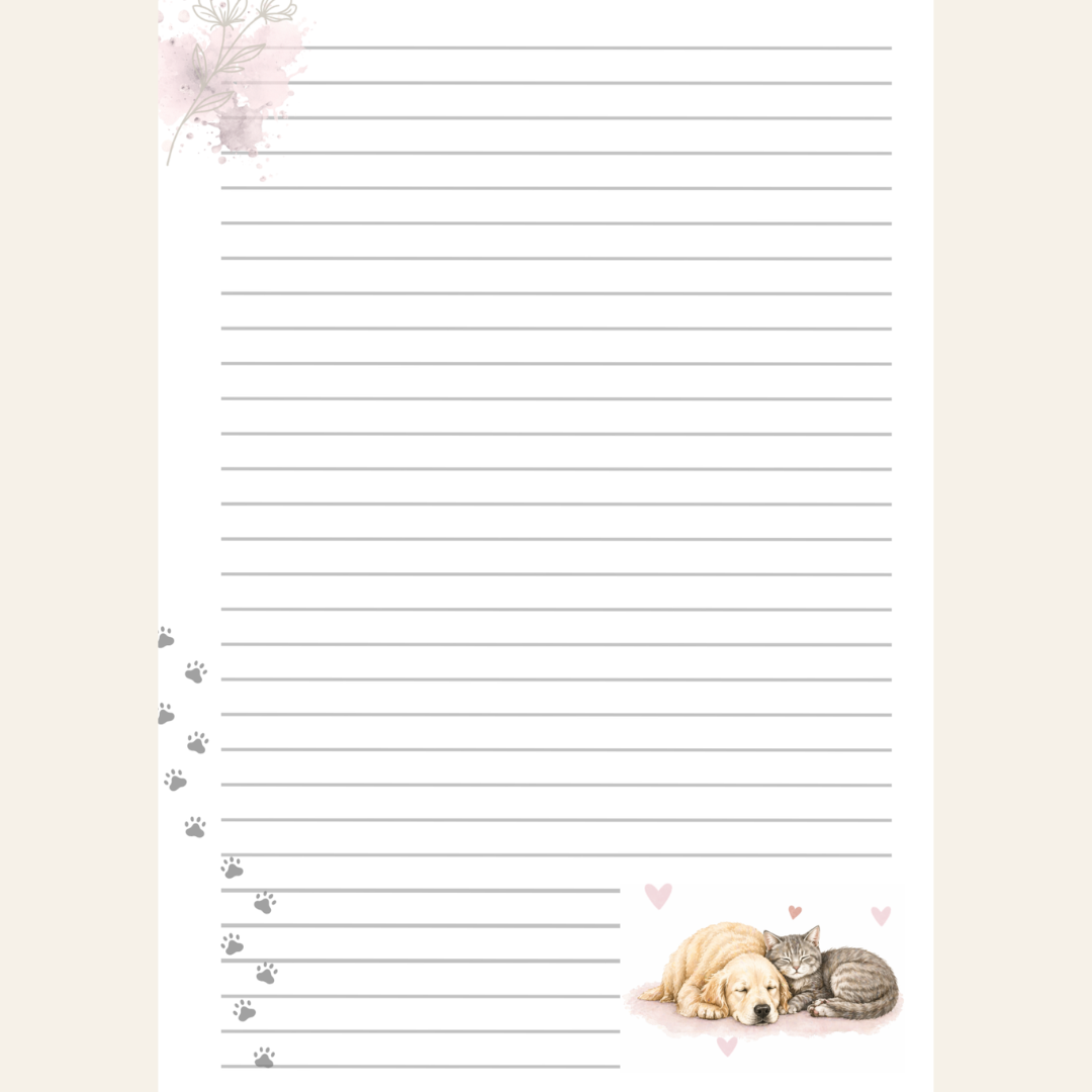 Puppy and kitty with paw prints stationery