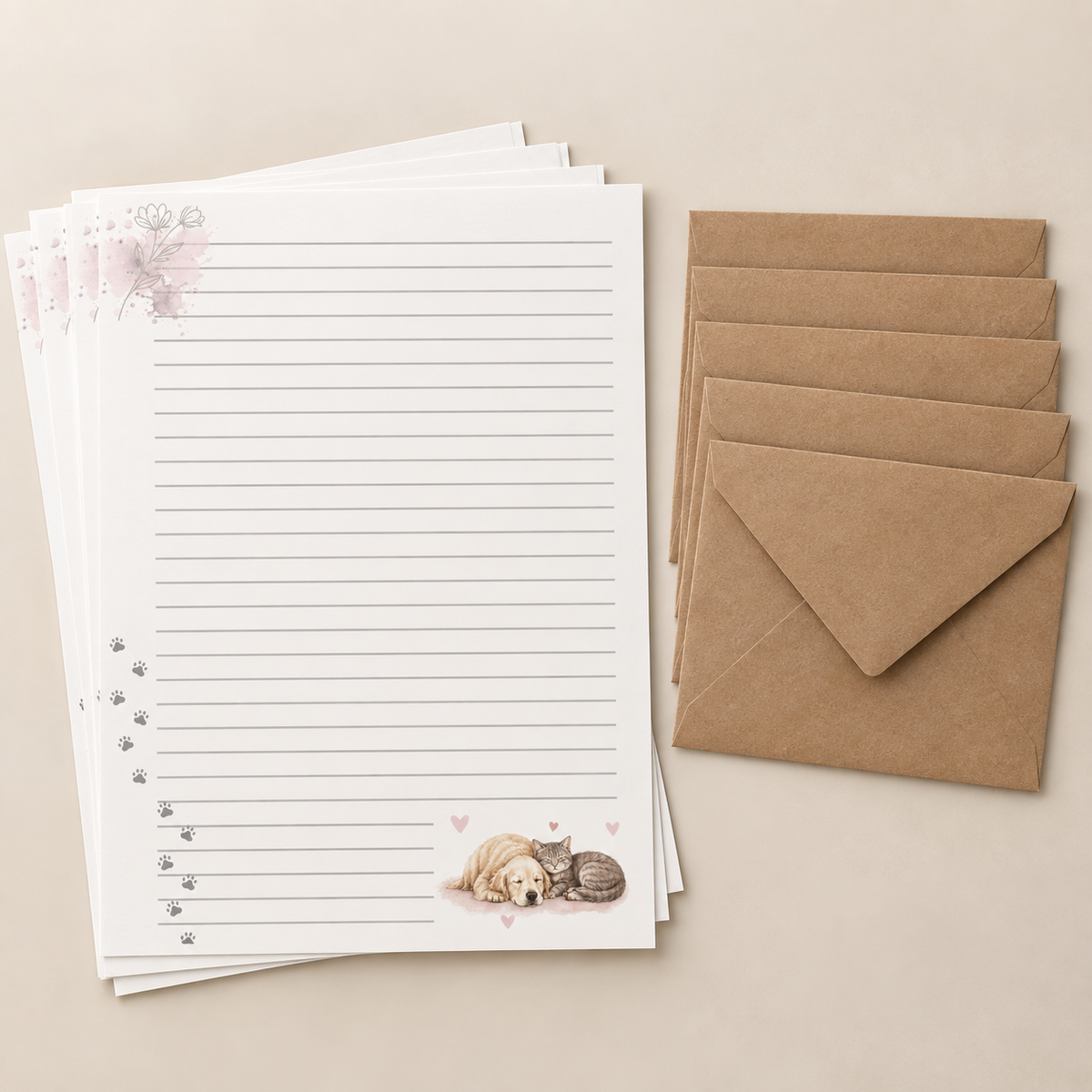 Puppy and kitty stationery with matching kraft envelopes