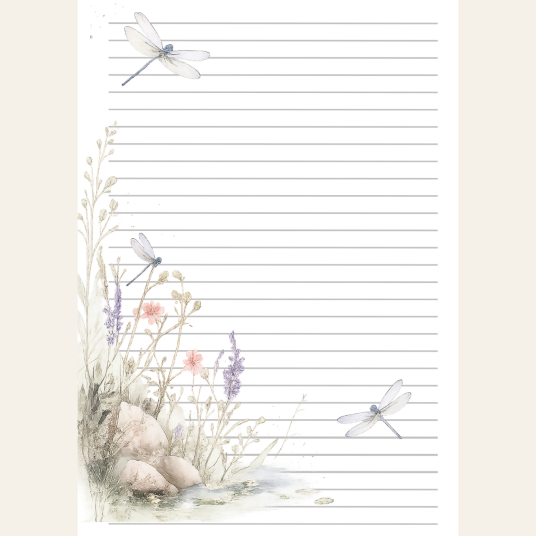Beautiful dragonflies with wildflowers writing paper