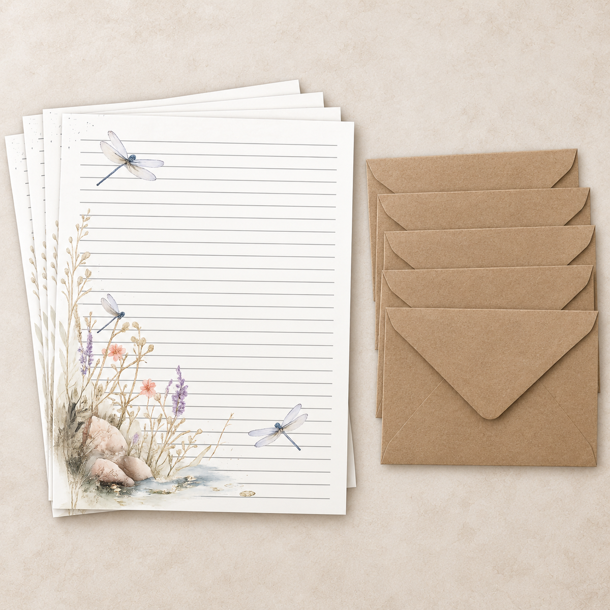 A set of lined writing paper cards with a watercolor nature illustration of dragonflies, flowers, and rocks along the bottom left, arranged next to five brown kraft paper envelopes on a light beige textured background.