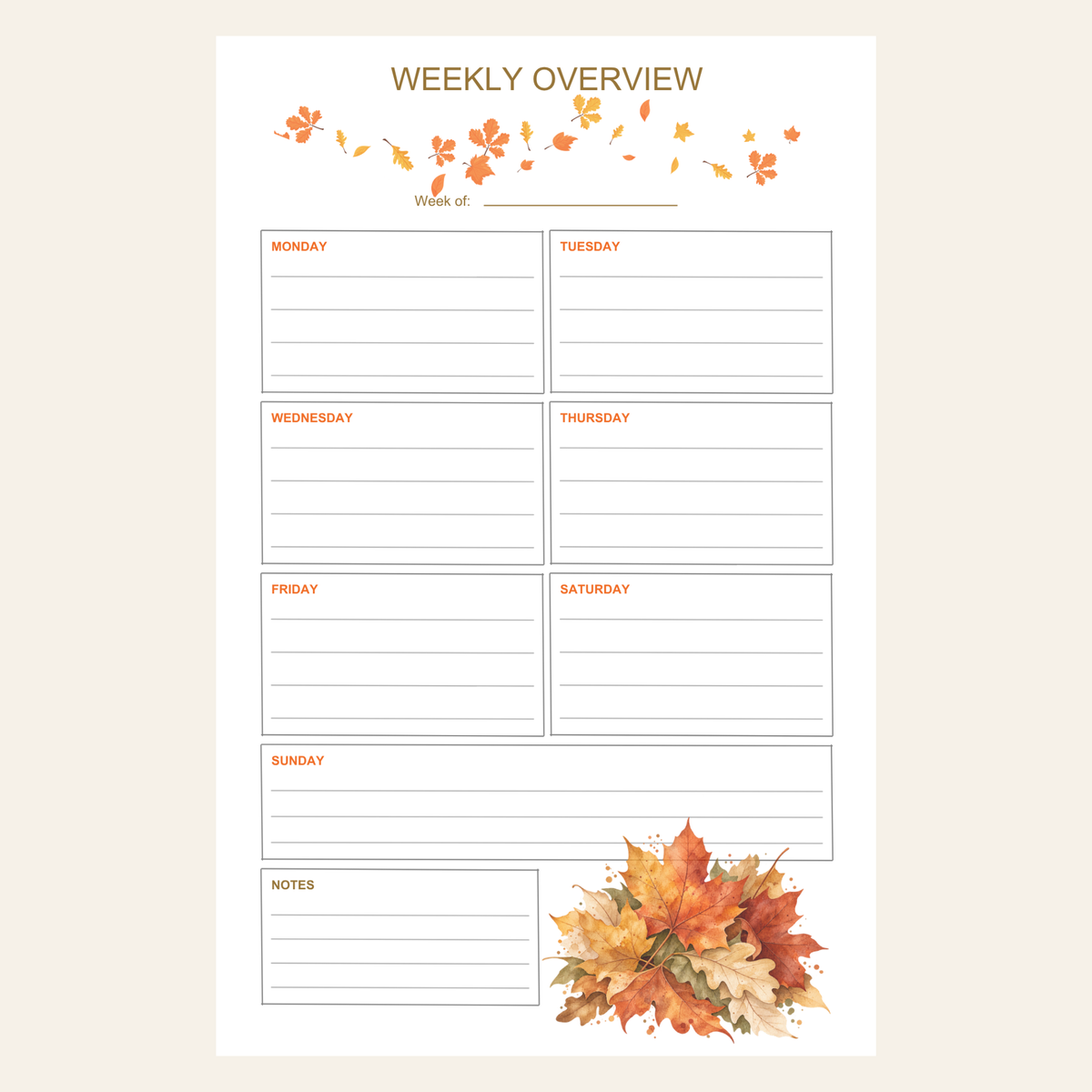 Harvest Leaves Weekly Overview Planning Pad