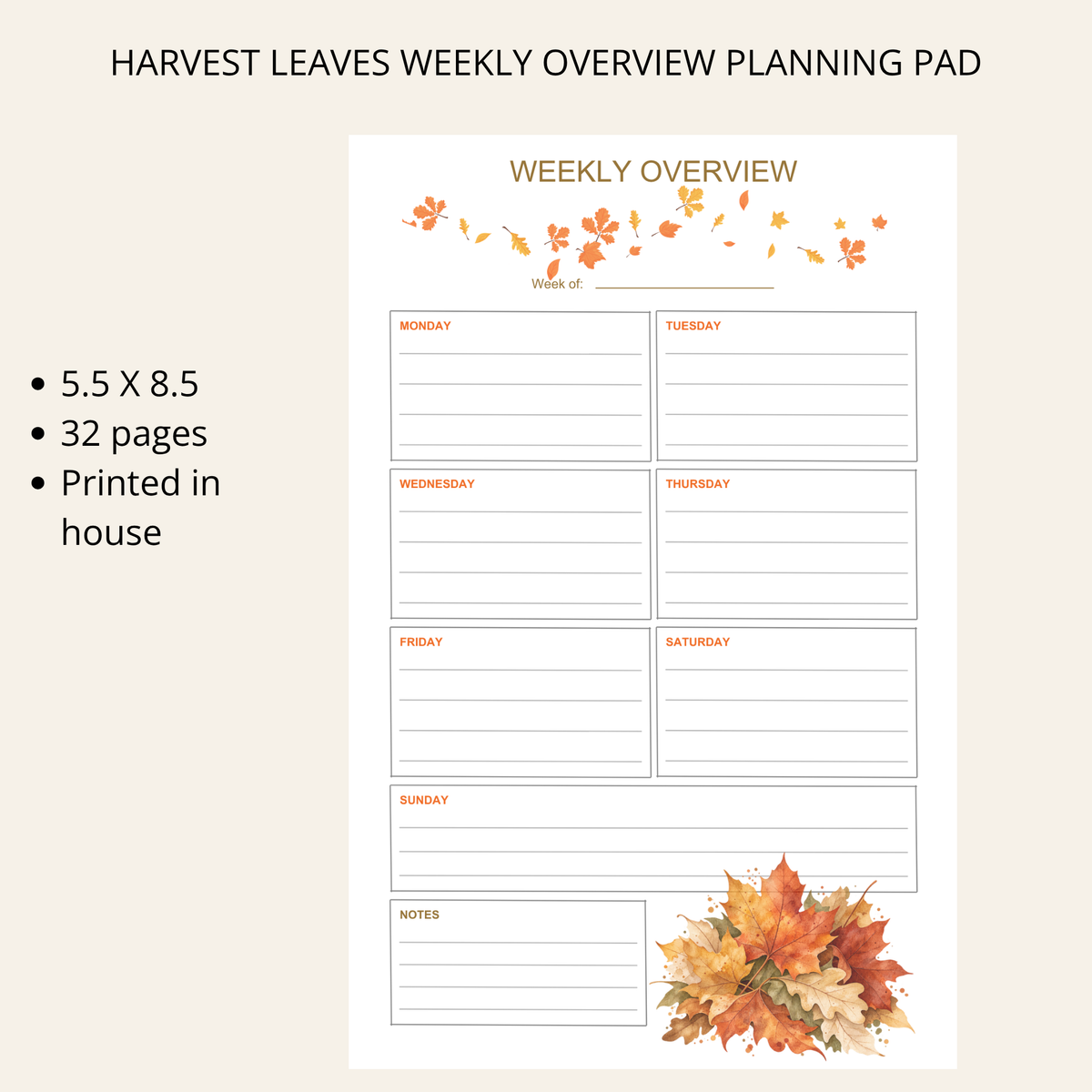 Harvest Leaves Weekly Overview Planning Pad
