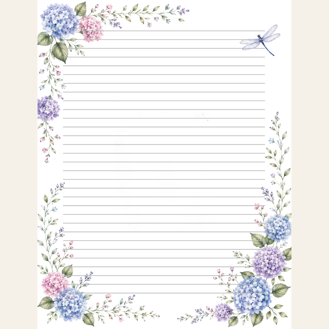 Purple, blue and pink hydrangeas with a dragonfly lined stationery