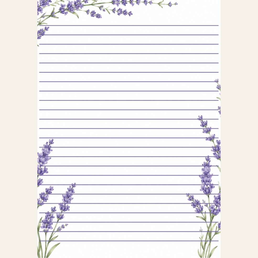 A sheet of lined writing paper with a watercolor lavender floral border design in the corners, shown against a light beige background.