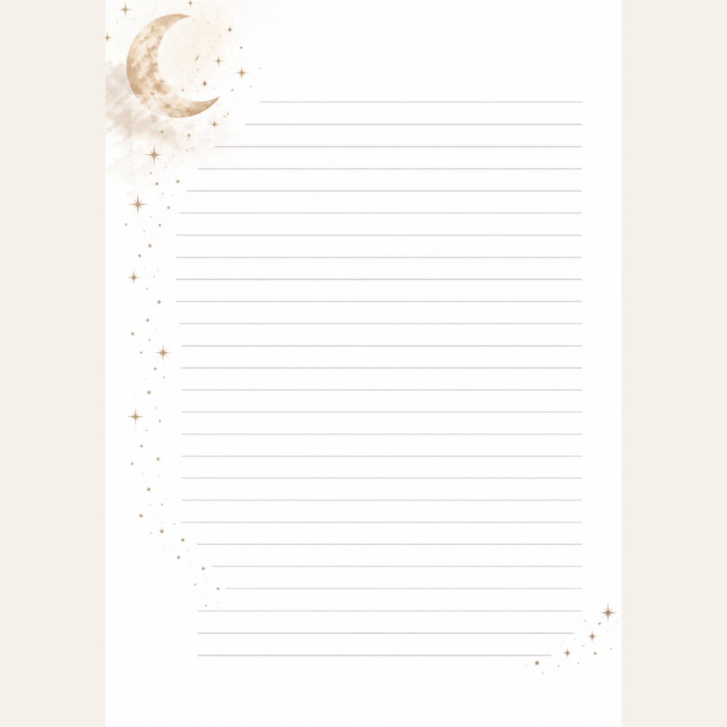 Moonlit Pages lined celestial stationery sheets with crescent moon and stars
