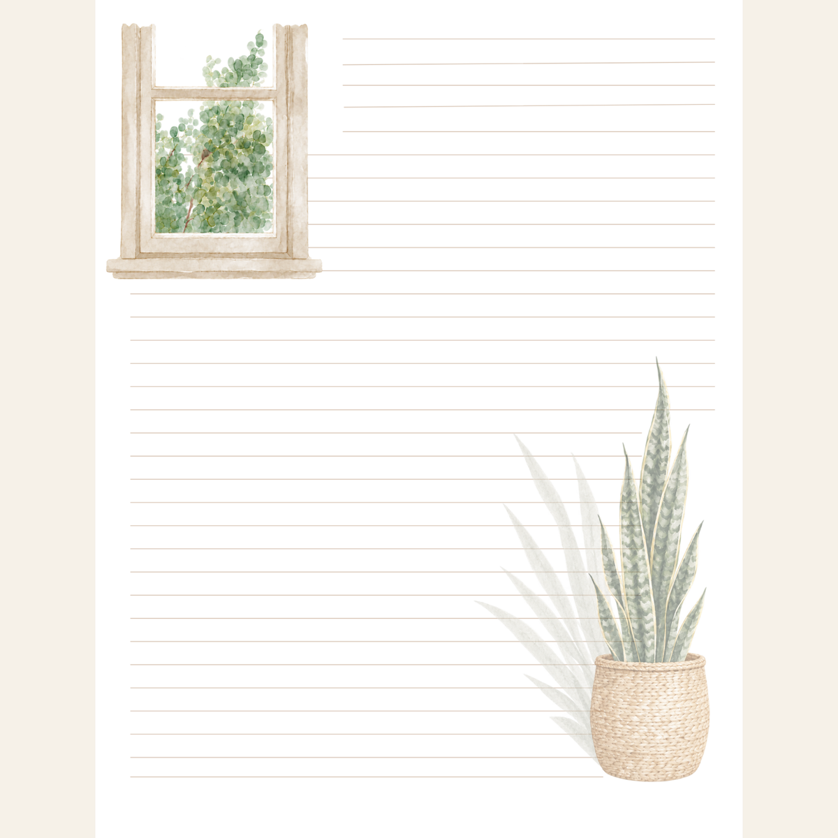 Lined stationery with a plant and soft window