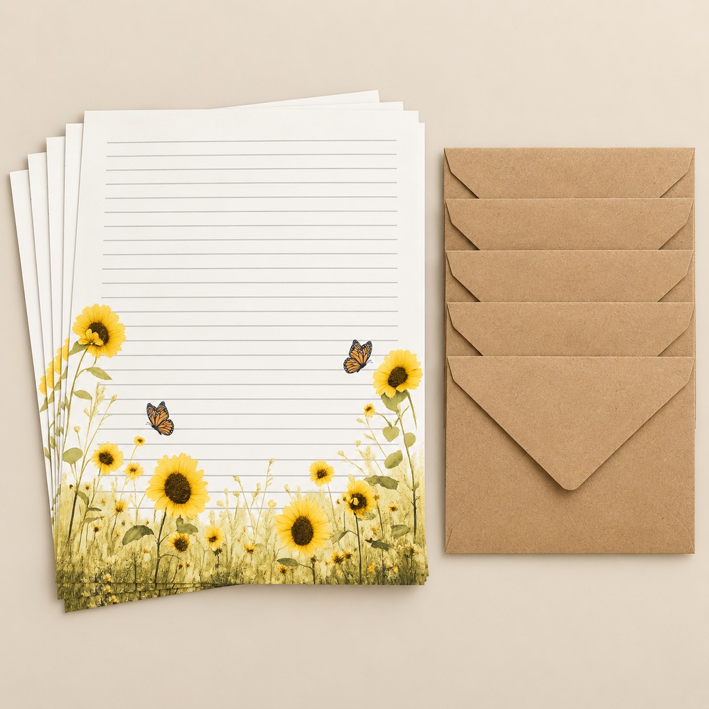 Sunflower Skies stationery set with five kraft envelopes