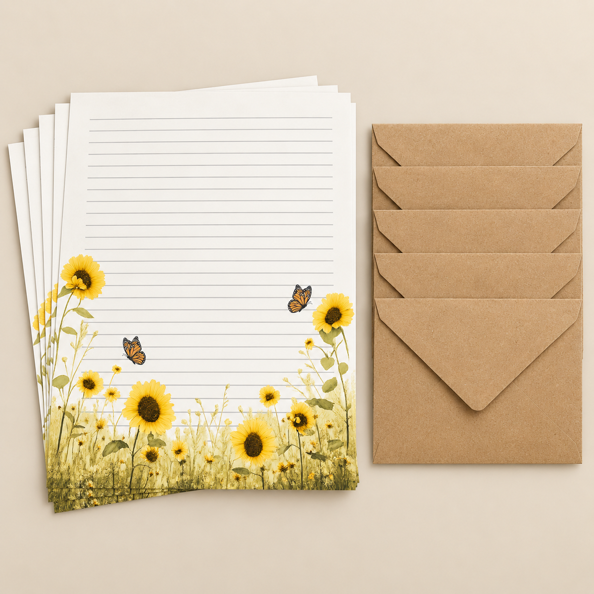 Sunflower Skies stationery set with five kraft envelopes