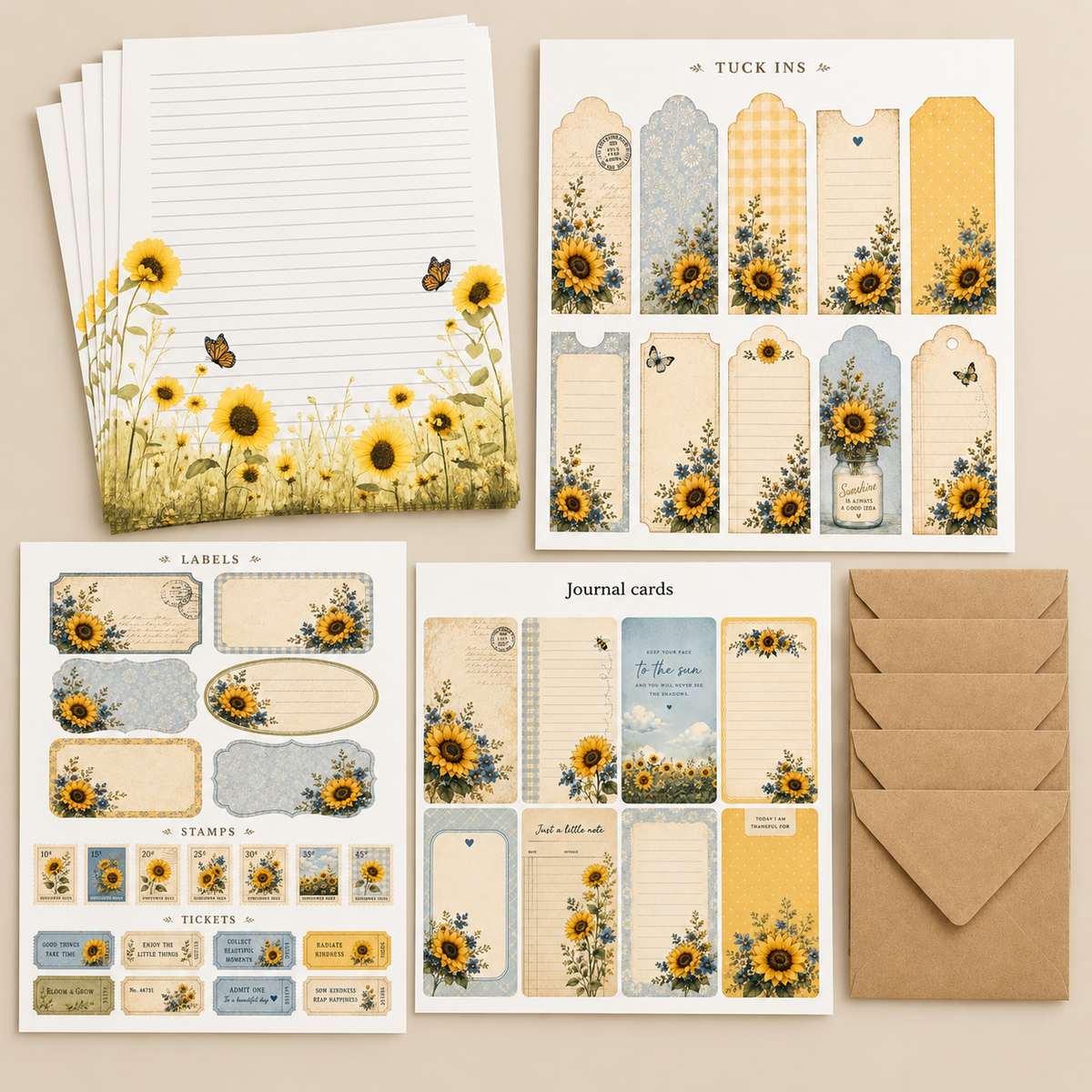 Sunflower Skies complete stationery set with Paper Bits and five kraft envelopes