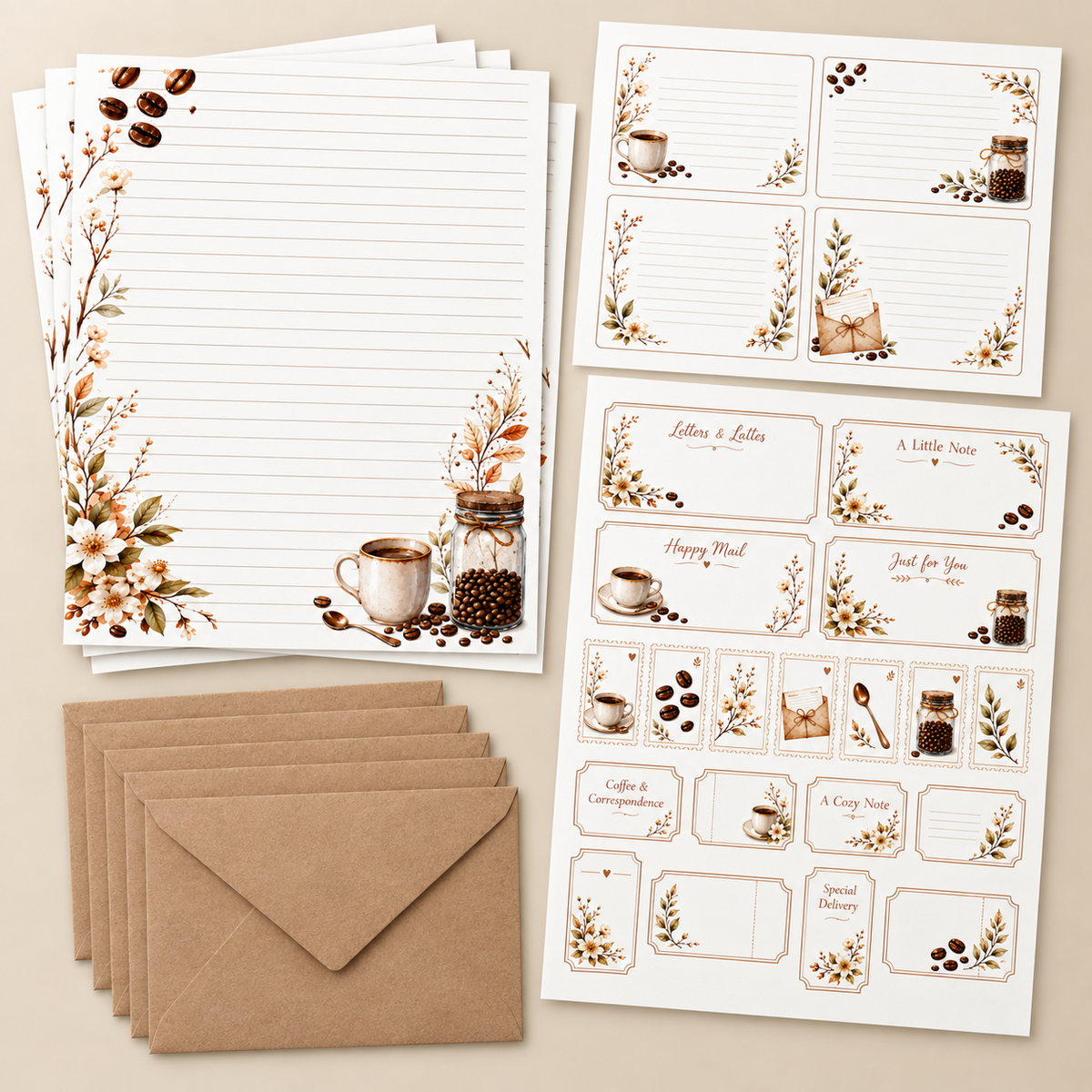 Letters & Lattes stationery with Paper Bits and five 5 x 7 kraft envelopes