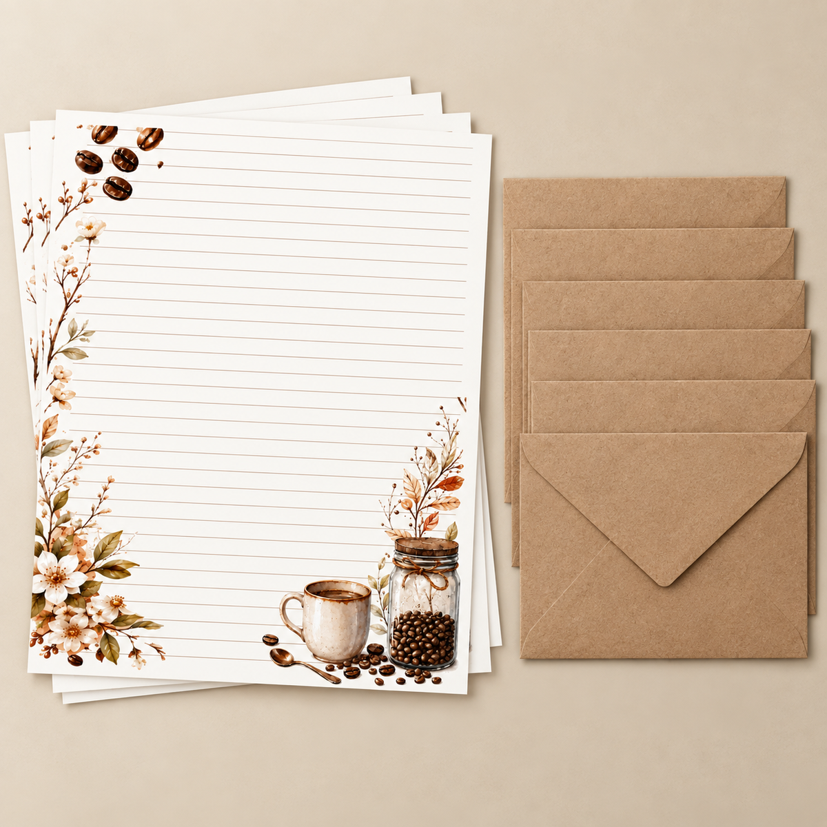 Letters & Lattes stationery set with five 5 x 7 kraft envelopes