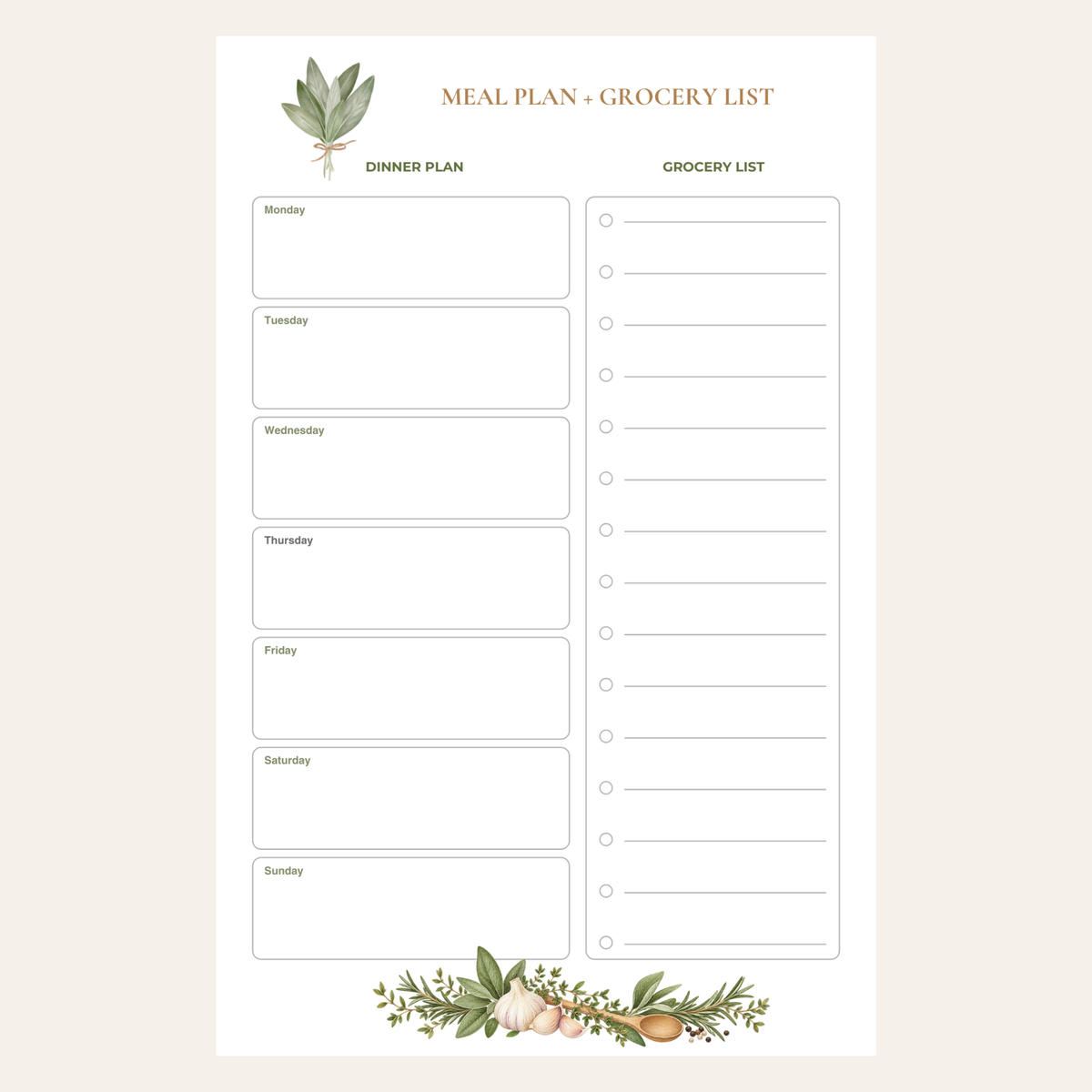 Garden Kitchen Meal Plan + Grocery List Planning Pad
