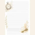 A vintage-style lined notepad page with a cream background, horizontal ruling, a pocket watch illustration in the upper left, delicate floral accents along the left side, and a key with a postmark in the lower right.