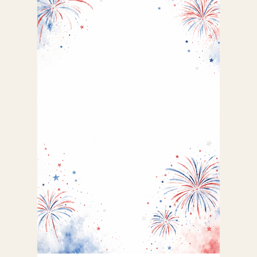 Patriotic watercolor fireworks print with red, white, and blue firework bursts and scattered stars in the corners on a white background.