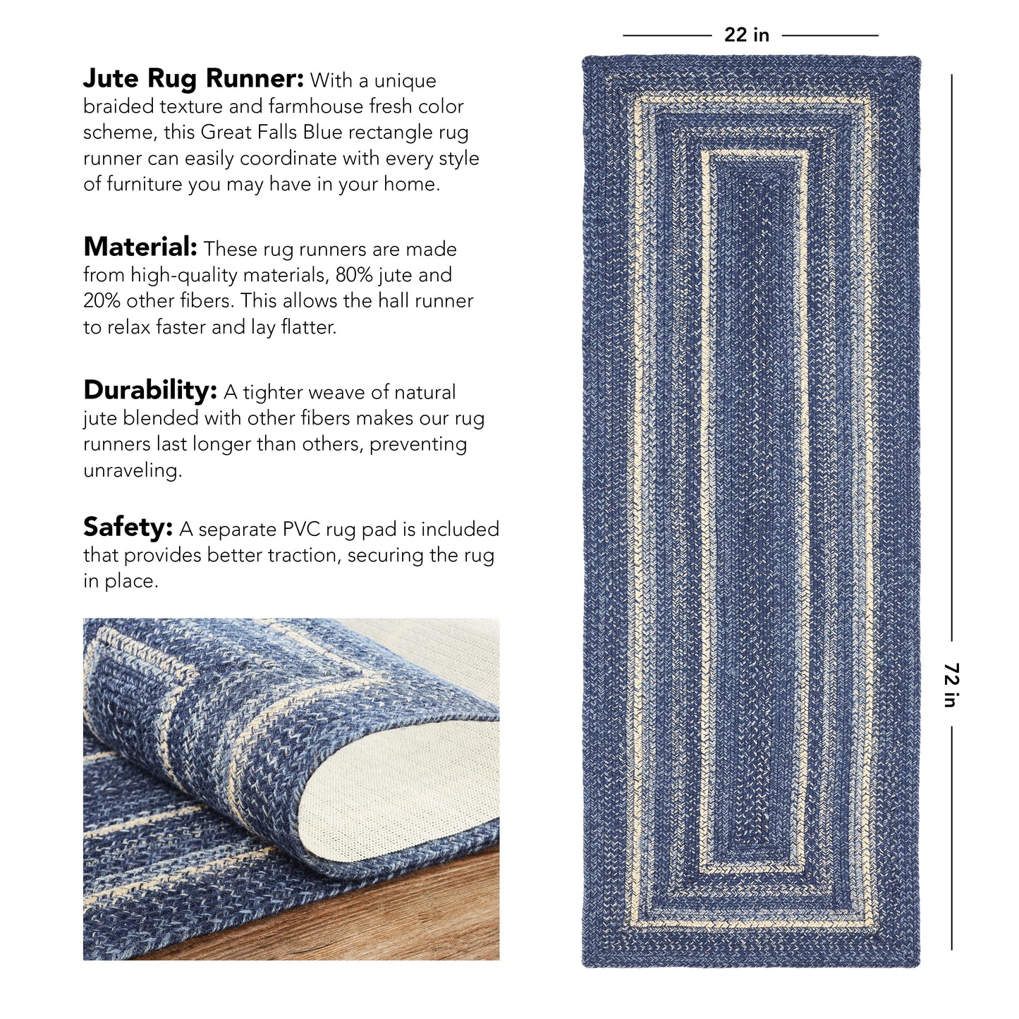 Blue Jute Runner with Rug Pad